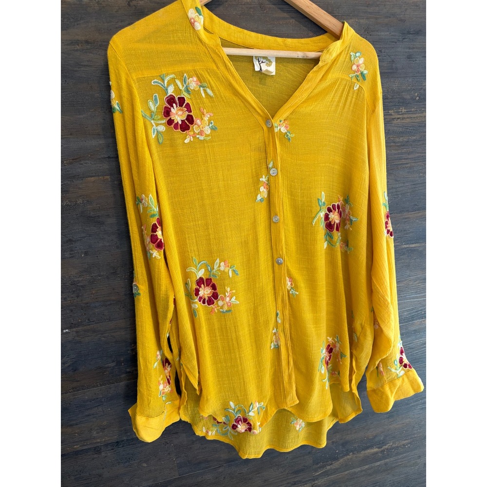 Fig and Flower Mustard Yellow Floral Embroidered Button Front Blouse XL Boho